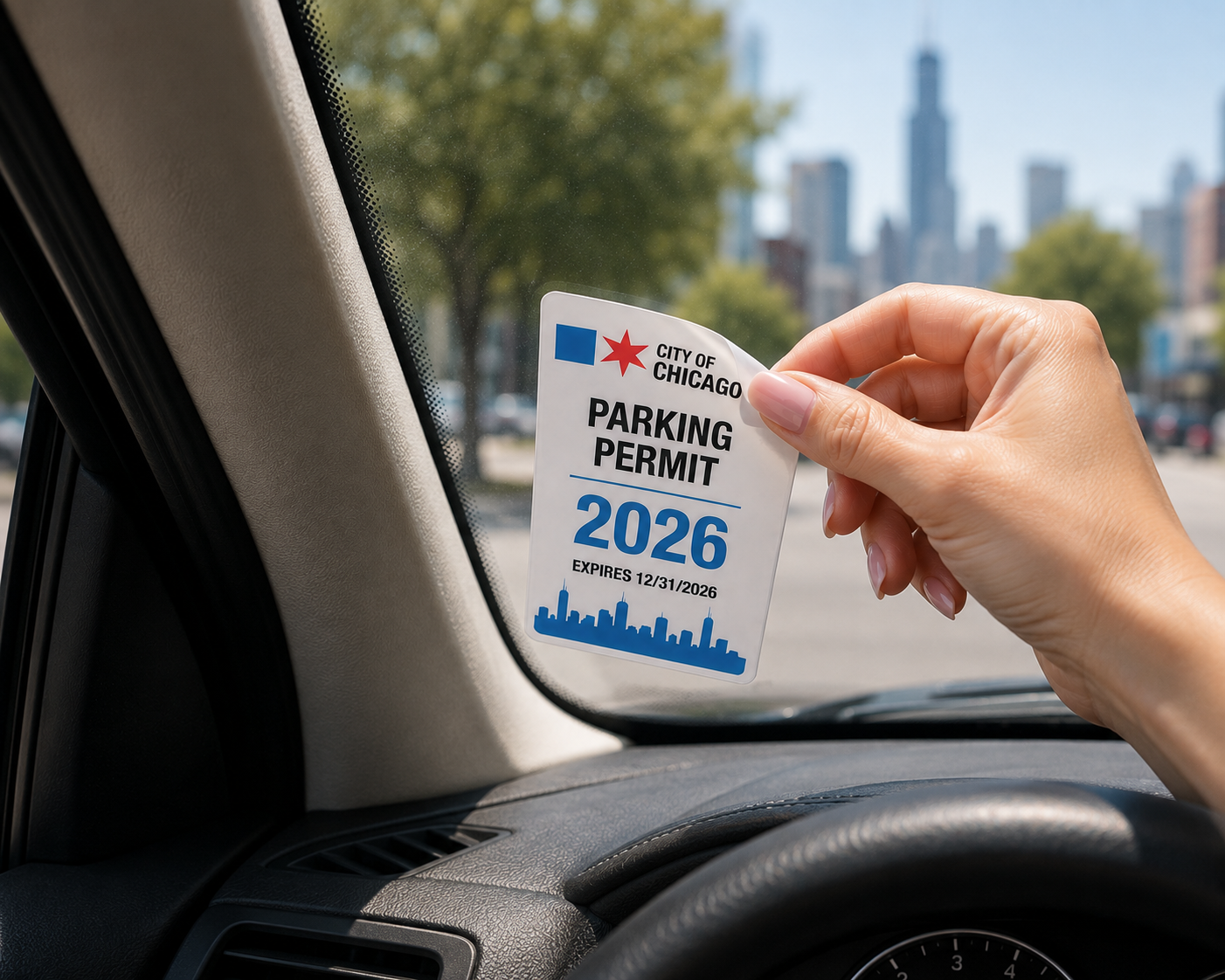 A parking permit being applied inside a windshield